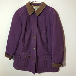 LL Bean womens plum purple quilted chore barn coat L corduroy trim 267097 lined